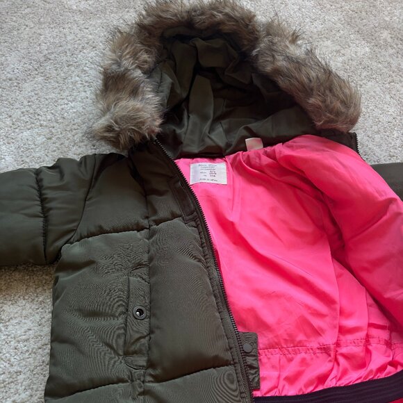 Olive Green Puffer Jacket with Pink Lining - Picture 2 of 5